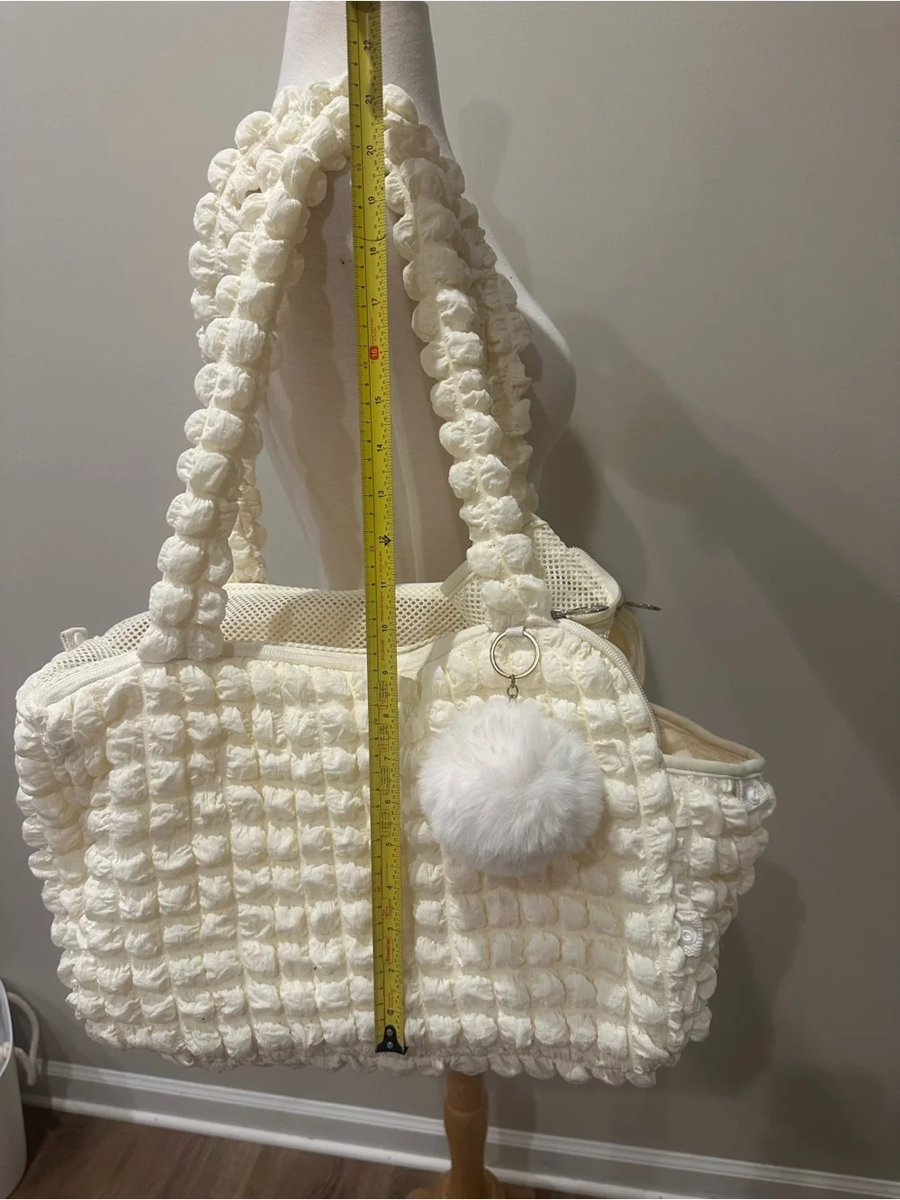 Cream Textured Popcorn Mesh Pet Carrier Tote with Pom Keychain